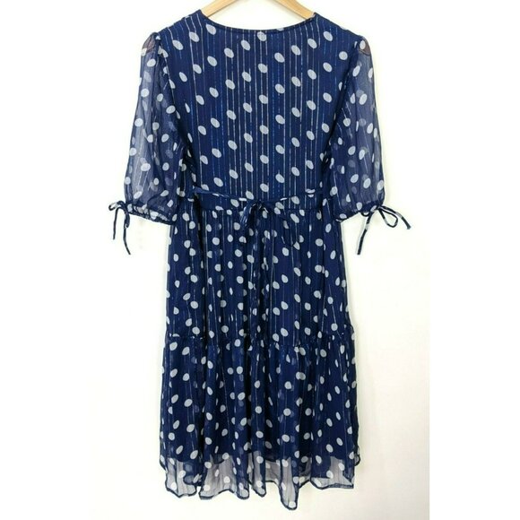 Mlle Gabrille Navy Polka Dot Tiered Metallic Thread Dress Elbow Sleeve Sz S - Picture 3 of 8